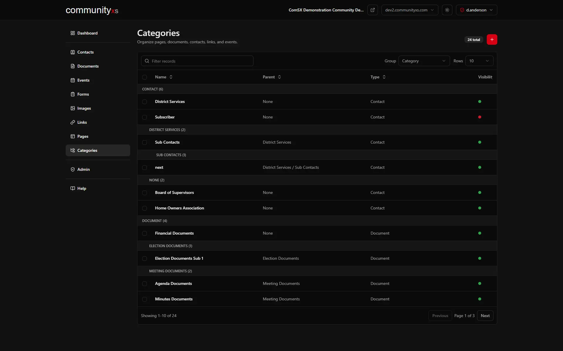 Categories screen