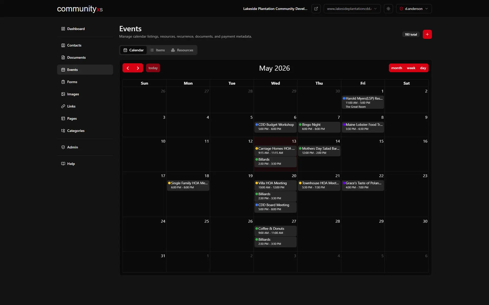 Events screen