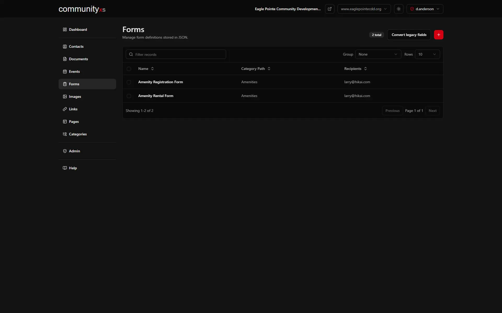 Forms screen