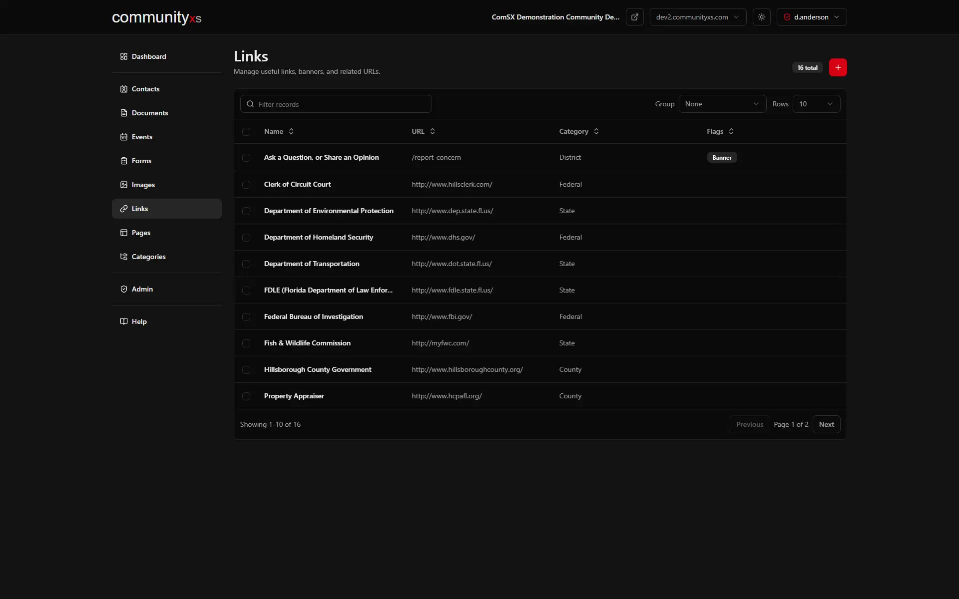Links screen