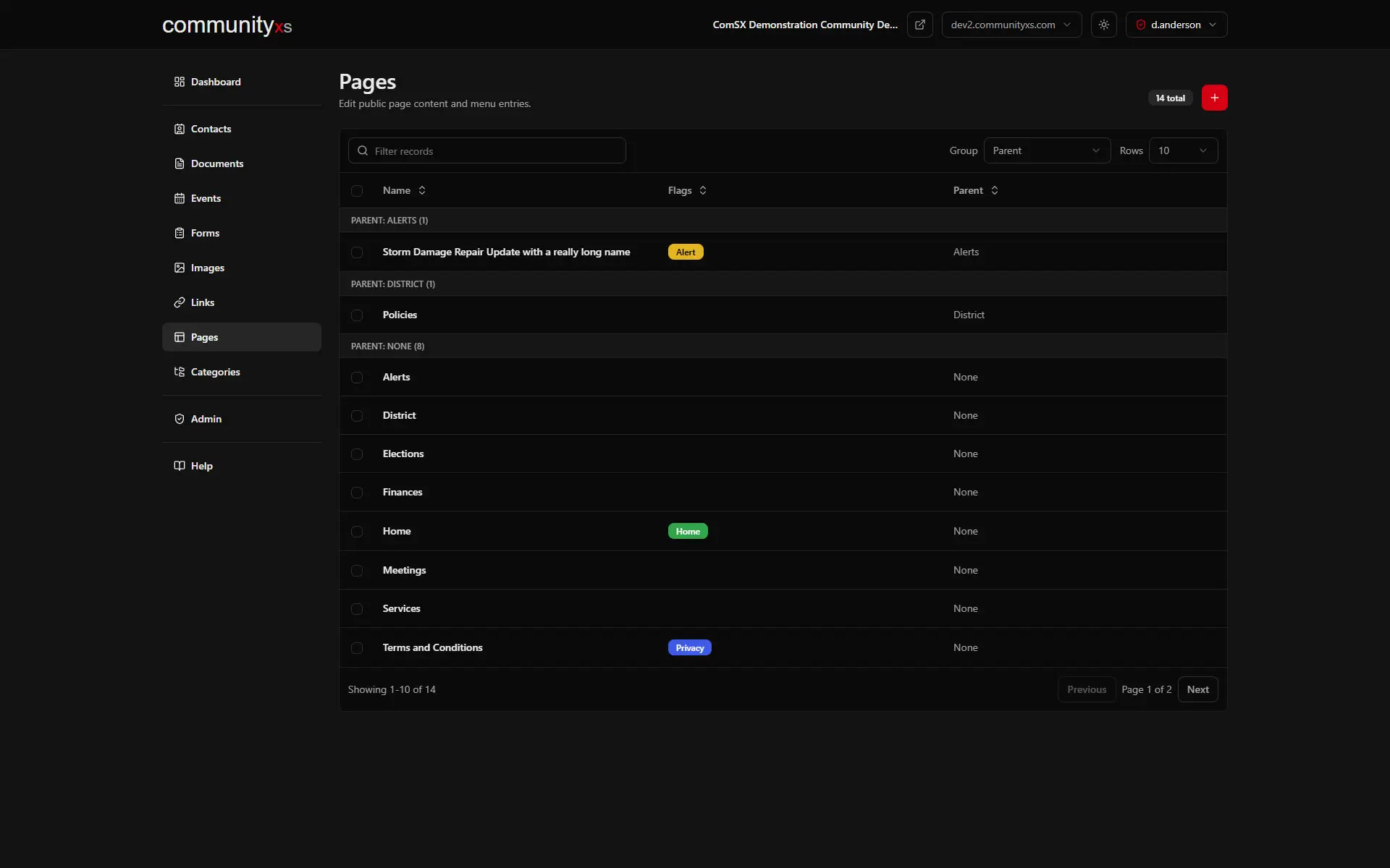 Pages screen